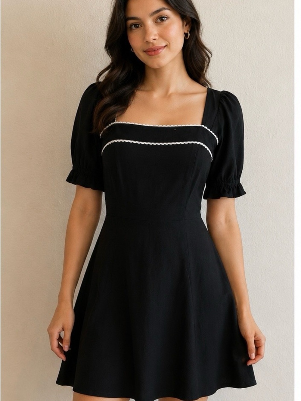 Sienna Sky Black Square-Neck Mini Dress with White Trim